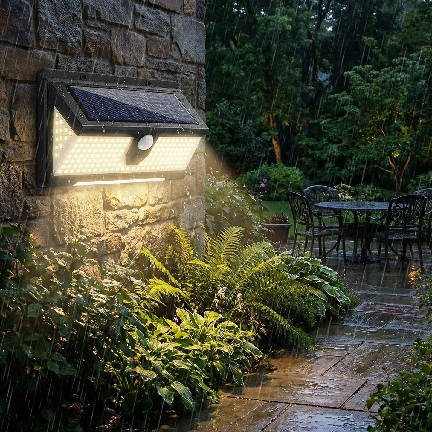 Applique exterieure murale LED sous la pluie dans jardin allée arbustes vers voiture