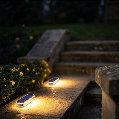 Eclairage exterieur solaire balise solaire ovale de jardin, lumière chaude ambrée, pose sur muret ou escalier extérieur