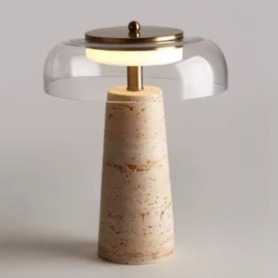 lampe champignon design en pierre travertin abat-jour verre transparent fond neutre