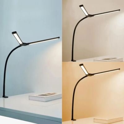 lampe de bureau noire articulée double bras orientables 3 modes de lumiÚre éclairant un espace de travail large