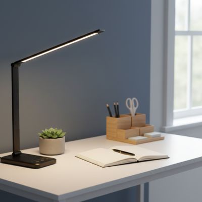 lampe de bureau LED intelligente noire bureau blanc scandinave plante verte vase décoratif mur bleu gris ambiance minimaliste moderne