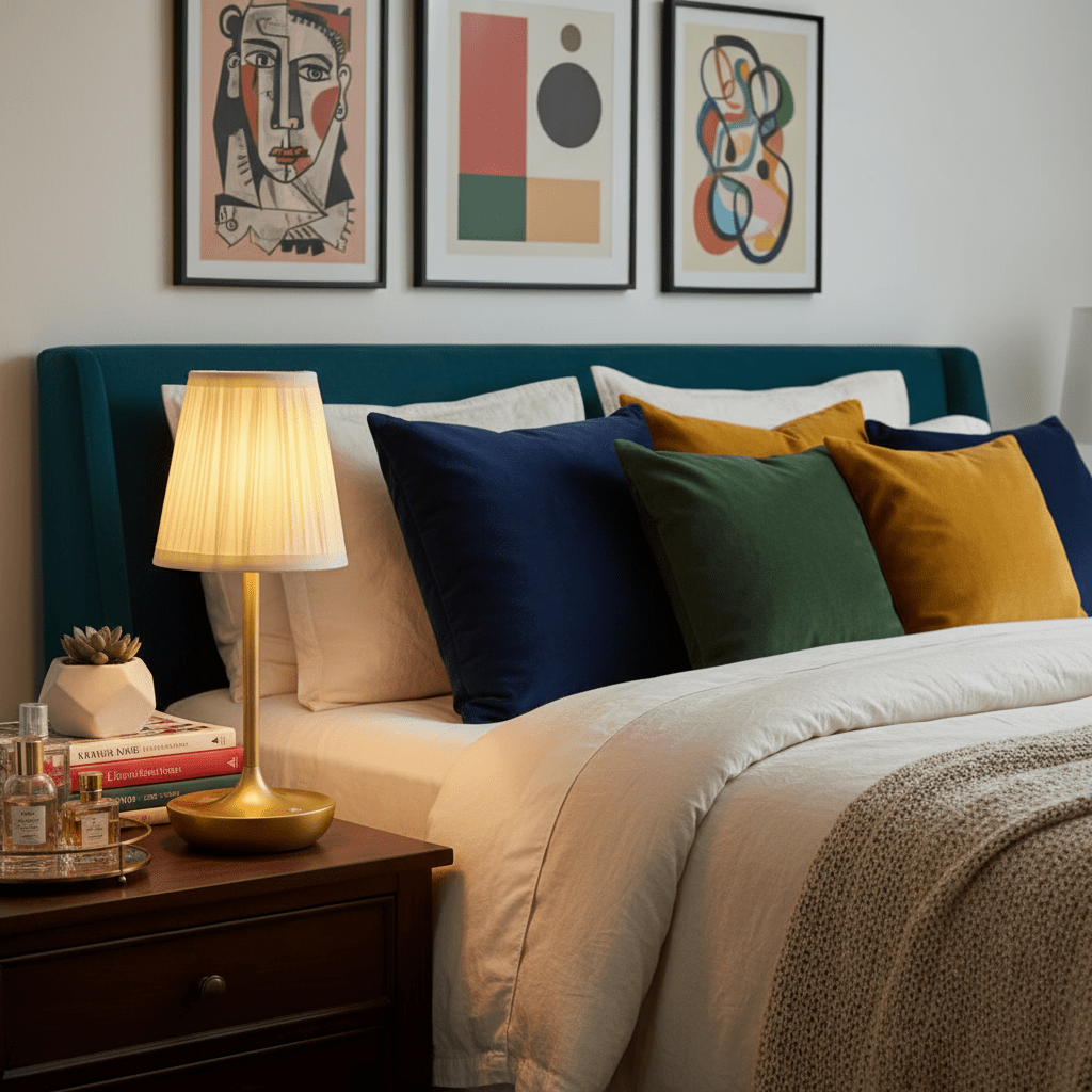 lampe de chevet LED tricolore aluminium métal et tissu posée sur une table de nuit lit avec coussins vert bleu ocre cadres décoratifs
