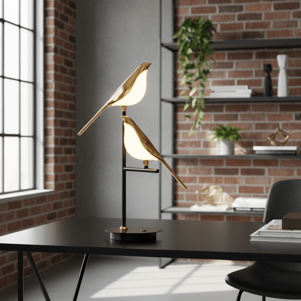 lampe de table led tricolore doux oiseaux blancs aux ailes dorées perchés sur une branche en fer traité dans style moderne industriel murs briques table noire étagères métal