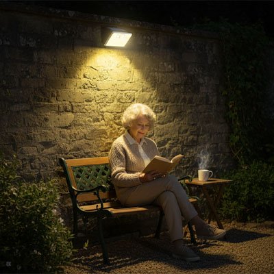 Lampe solaire détecteur de mouvement femme lisant sous lumière sur banc ambiance nocturne