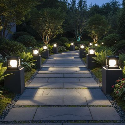 Lampe solaire exterieur installée le long d'une allée de jardin au crépuscule, créant un éclairage paysager spectaculaire
