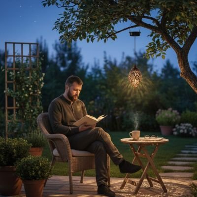 Lanterne solaire suspendue LED métal ajouré motifs arabesques cuivrés branche arbre jardin crépuscule nuit étoilé, homme lisant sous arbre