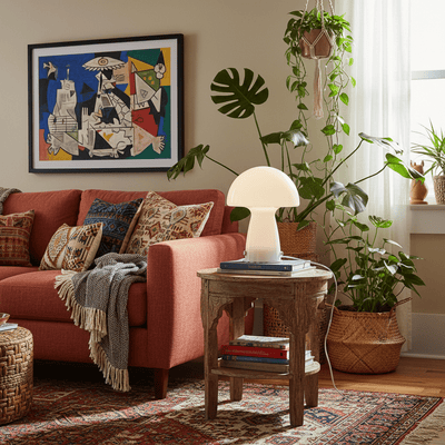 Lampe champignon blanche design Bauhaus sur table d'appoint dans salon bohème éclectique avec canapé terracotta, plantes vertes, livres d'art et toile style Picasso