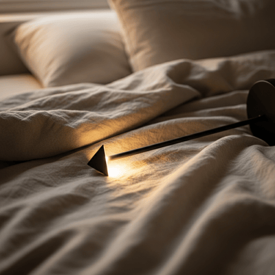 Gros plan artistique d'une lampe de chevet rechargeable noire cylindrique allumée couchée sur lit avec draps froissés beige et crème, ambiance intime et chaleureuse