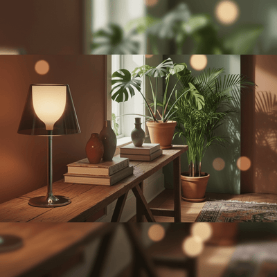 Lampe post-moderne italienne chromé et verre fumé sur console bois, décor bohème avec plantes tropicales et livres