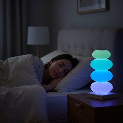 Lampe de chevet LED USB RGB design empilé blanc éclairage rose violet ambiance douce et romantique chambre cosy