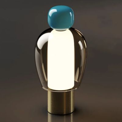 Lampe de chevet LED bleu paon rechargeable sans fil verre et aluminium un petit bijou