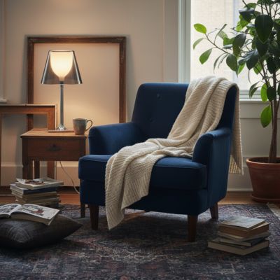 Lampe de table Led design italien style pose moderne métal chromé et verre gris fumé coin lecture tapis oriental plante verte antiquité et fauteuil bleu jeté blanche dessus