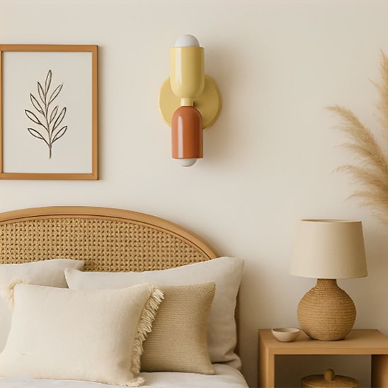 Applique murale chambre beige et terracotta chambre bohème au-dessus tête de lit