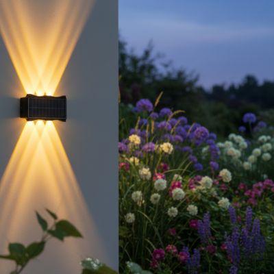 Applique murale exterieur photovoltaïte double flux IP65 dans jardin de fleurs