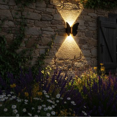 Applique murale extérieure papillon noir mur rustique pierre fleurs lavandes marguerittes