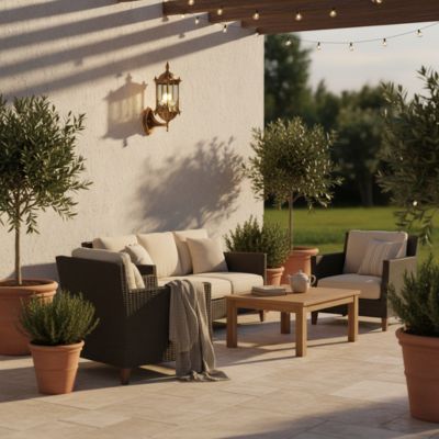 applique murale exterieure couleur bronze installée derrière canapé marron coussins beiges fauteuil arbustes lifestyle style bohème nordique
