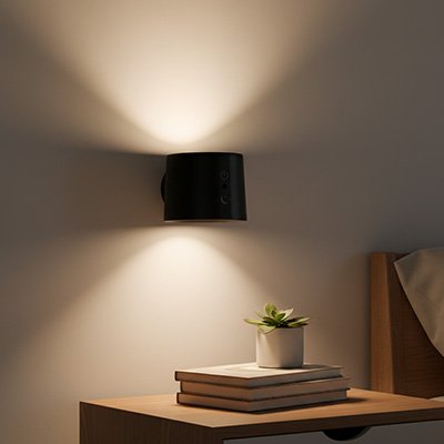 Applique murale pour chambre noir lumière vers haut et bas au dessus table de chevet trois livres petite plante