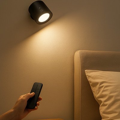 Applique murale pour chambre noir allumee main et telecommande dans chambre beige