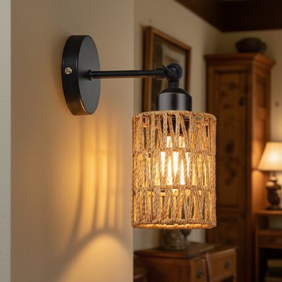 Applique murale rotin  bohème noire avec abat-jour cylindrique tressé installée dans intérieur chaleureux diffusant lumière chaude