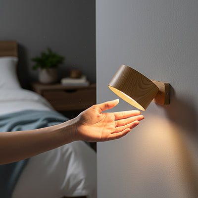 applique murale sans fil magnétique rechargeable allumée main qui s'approche du spot rond