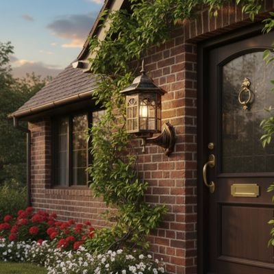 Applique murale solaire exterieur vintage façade maison style contemporain briques belles fleurs rouges et blanches