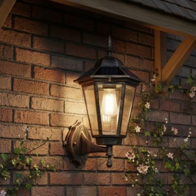 Applique murale solaire exterieur maison briques petites fleurs blanches grimpantes