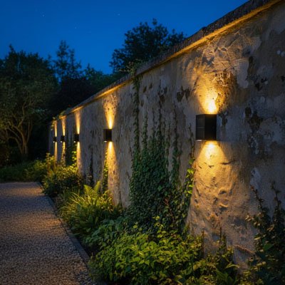 Eclairage exterieur d'accentuation mettant en valeur la textures de la muraille 