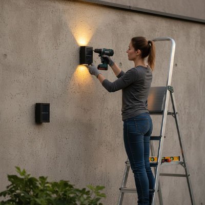 Eclairage exterieur femme installant les appliques solaires double flux sur mur en ciment 