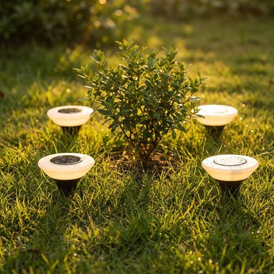 Eclairage exterieur au sol forme cornet de glace dans jardin