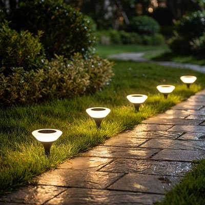 Eclairage exterieur design conique au sol dans terre tout au long allée en pierres