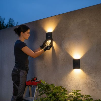 Eclairage exterieur femme installant luminaire extérieur sans câblage sur muraille bordée de verdure