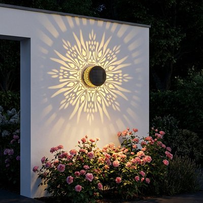 Éclairage extérieur mural applique LED solaire motif mandala doré sur mur blanc moderne projetant ombres décoratives avec rosiers roses