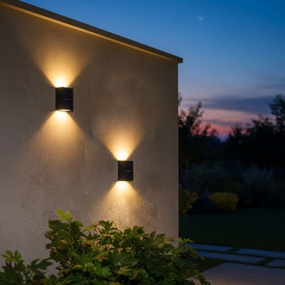Eclairage exterieur noir solaire installé sur mur en ciment côté maison avec grand jardin 