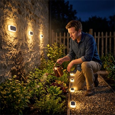 Eclairage exterieur solaire homme arrosant un jardin éclairé par des lampes solaires de sol et des appliques murales extérieures