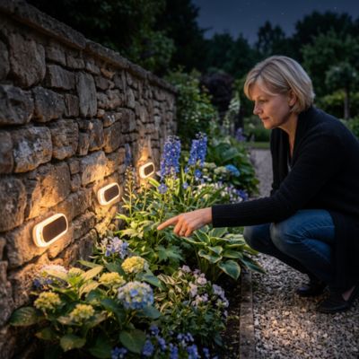Eclairage exterieur solaire lumière chaude femme jardinant de nuit près d'un muret en pierre éclairé par des balises solaires ovales encastrées