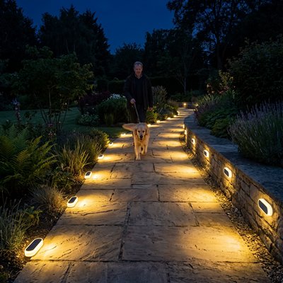 Eclairage exterieur solaire balises solaires ovales de jardin encastrées dans muret éclairant une allée pavée la nuit