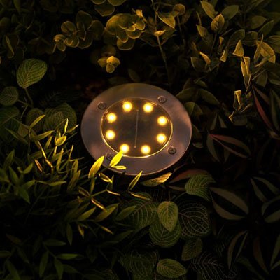 Eclairage exterieur solaire une seule lampe piquée dans un massif de plantes aux feuillages variés
