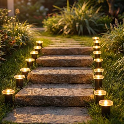 Eclairage solaire exterieur  lumière chaude chaque côté escalier en pierres dans jardin