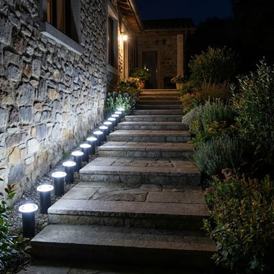 Eclairage solaire exterieur lumières blanches dans allée escaliers maison en pierres