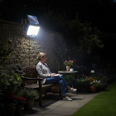 Femme assise banc bois jardin nuit lisant livre, lampe détecteur de mouvement mur pierre éclairant puissamment, rosiers fleurs 