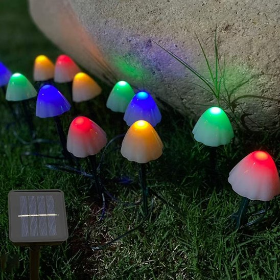 guirlande lumineuse extérieur champignons LED multicolores rouge vert bleu jaune plantés pelouse jardin nuit rocher 