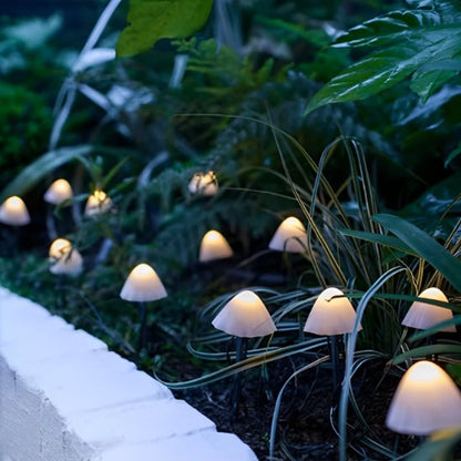 guirlande lumineuse extérieur LED champignons lumineux blancs chauds plantés massif feuillage tropical vert bordure pierre