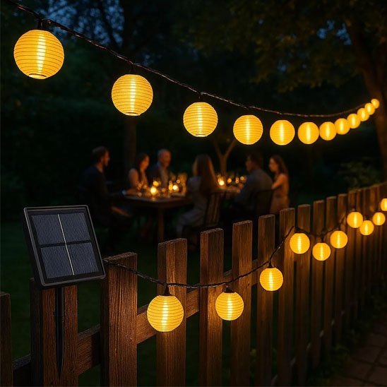 Guirlande solaire LED lanternes rondes dorées avec panneau solaire sur clôture bois jardin nuit, dîner 
convivial 