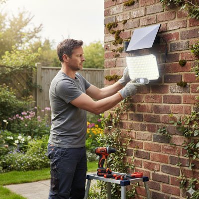 Homme installant lampe détecteur de mouvement mur brique rouge jardin jour, perceuse visseuse escabeau, jardin fleuri coloré 