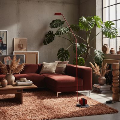 lampadaire design rouge articulé minimaliste dans espace type loft béton gris grande fenêtre noir à carreaux grand canapé terracotta 