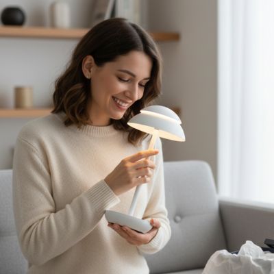 lampe champignon blanche scandinave femme souriante cadeau