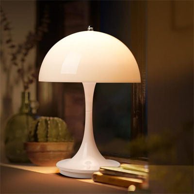 lampe champignon blanche allumée sur meuble des fleurs séchées un cactus et des revues ambiance bohème 