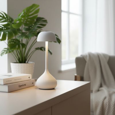 lampe champignon blanche salon crédence plante verte