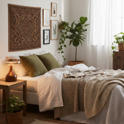 Lampe champignon chambre bohème lifestyle tons de vert marron beige blanc