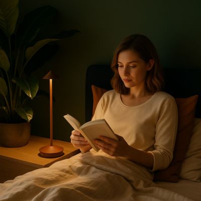 lampe champignon marron metal accompagnant jeune femme qui lit